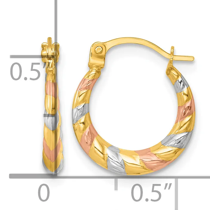 Pair of tricolor gold hoop earrings with twisted surface texture, measuring 0.5 inches in diameter, shown from front and side views with measurement scale.