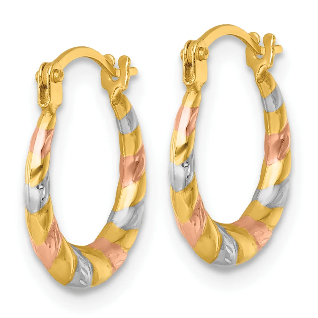 A pair of tricolor gold hoop earrings with twisted yellow, rose, and white gold bands and hinged clasp closures.