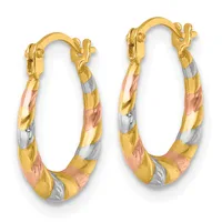 A pair of tricolor gold hoop earrings with twisted yellow, rose, and white gold bands and hinged clasp closures.
