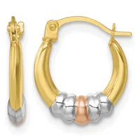 Pair of tri-color gold hoop earrings featuring yellow gold curved tubes with white and rose gold beaded accents at the bottom, shown front and side view.