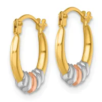 Pair of tri-color gold hoop earrings with yellow gold outer surface and white and rose gold accent bands near the hinged closures.