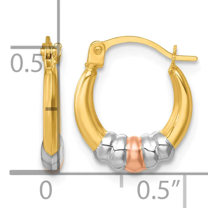 Pair of gold hoop earrings with tri-color beads, shown front and side view with measurement scale indicating approximately 0.5 inch diameter.