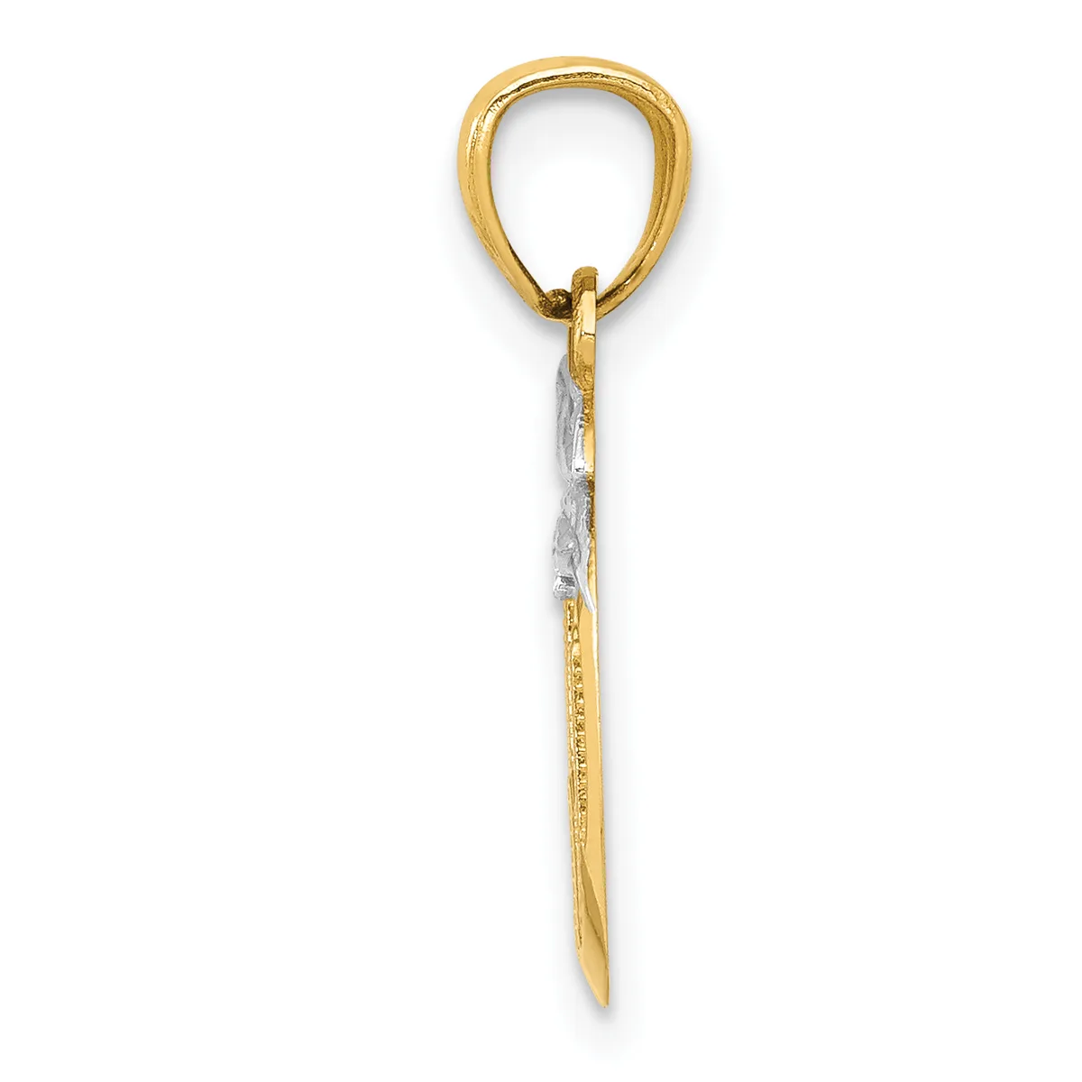 A two-tone gold pendant featuring a polished loop at the top and a tapered shaft with textured detailing, suspended against a white background.