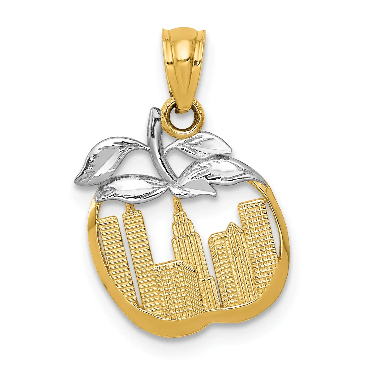 Two-tone gold pendant charm shaped like an apple with a detailed New York City skyline engraved on the yellow gold body and a silver-toned leaf on top.
