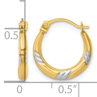 Pair of gold hoop earrings with two-tone finish and textured diagonal stripe details, shown with measurement scale indicating approximately 0.5 inches in diameter.