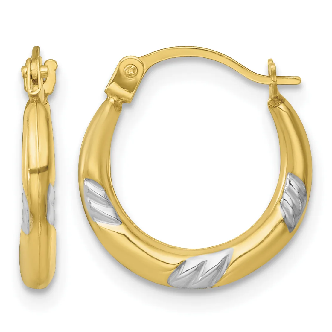 Pair of gold hoop earrings with white gold diagonal stripe accents, shown from front and side views with a hinged post closure.