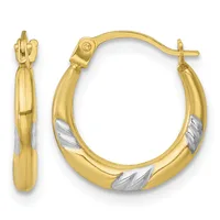 Pair of gold hoop earrings with white gold diagonal stripe accents, shown from front and side views with a hinged post closure.