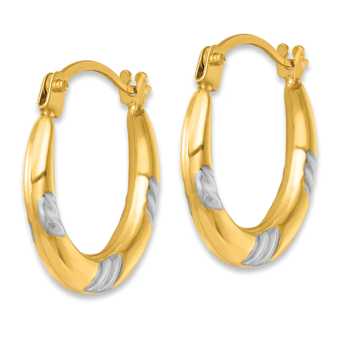 Pair of gold hoop earrings with white gold accents and hinged closures, displayed against a white background.