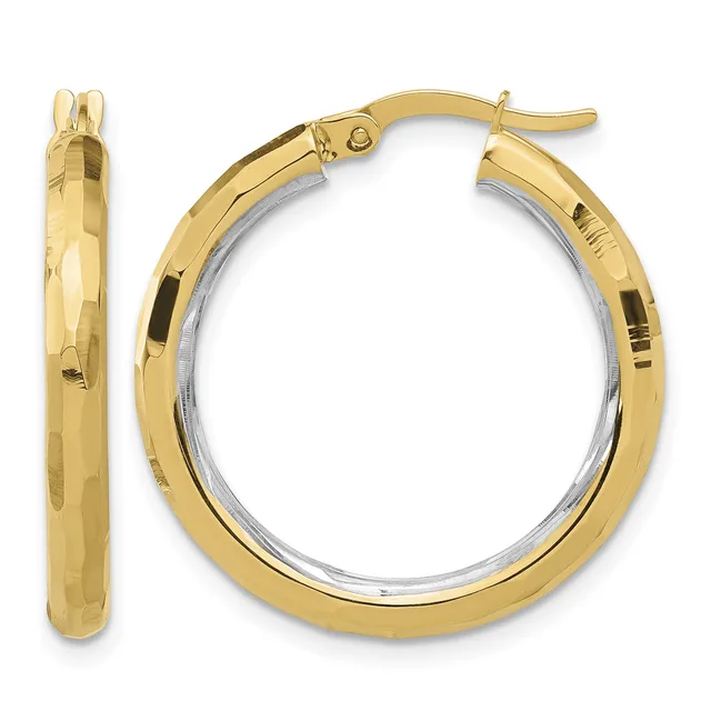 Pair of polished gold hoop earrings with two-tone finish, shown from front and side views with post and clasp closure.