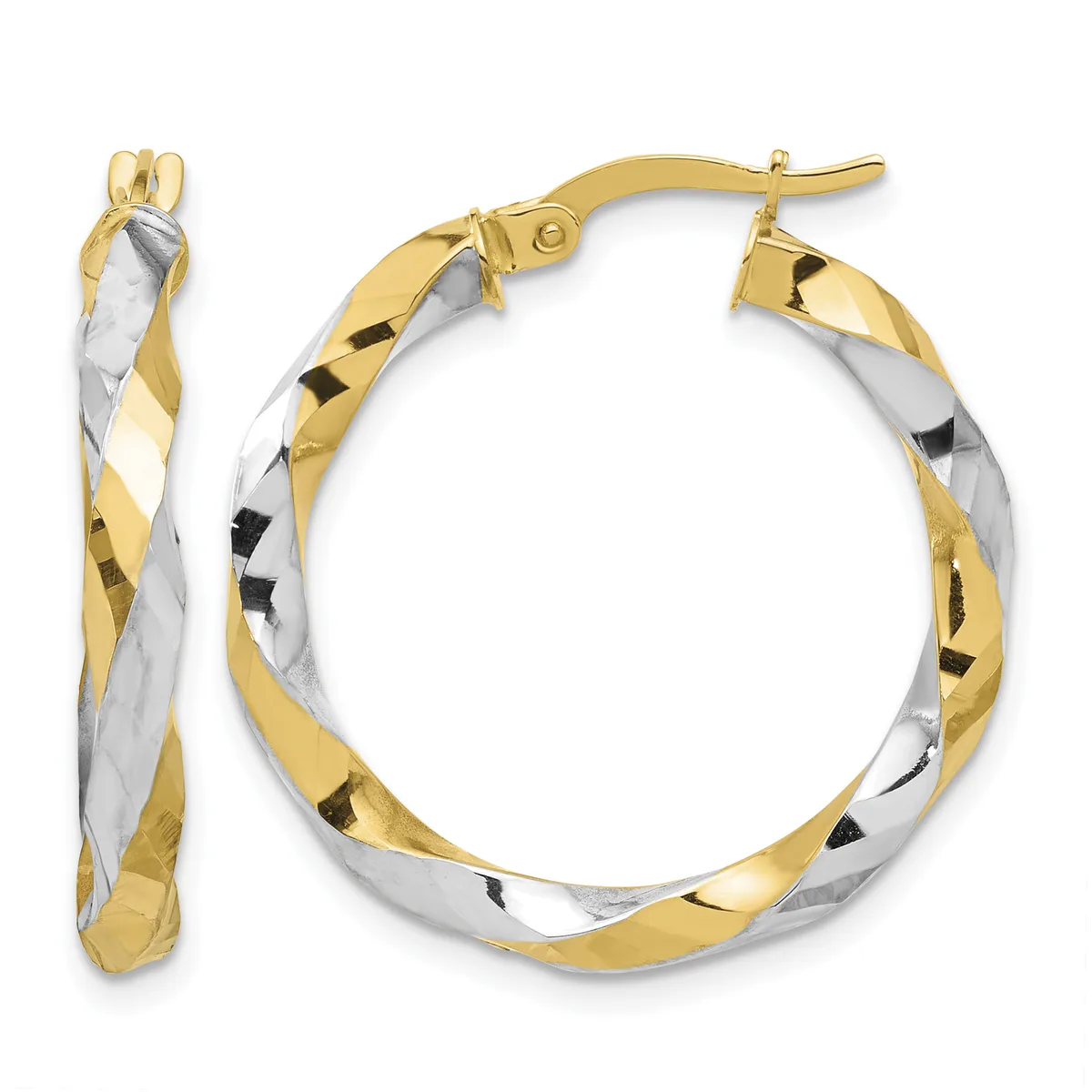 Pair of two-tone gold and silver twisted hoop earrings with hinged backs, shown from front and side views.