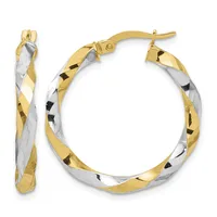 Pair of two-tone gold and silver twisted hoop earrings with hinged backs, shown from front and side views.