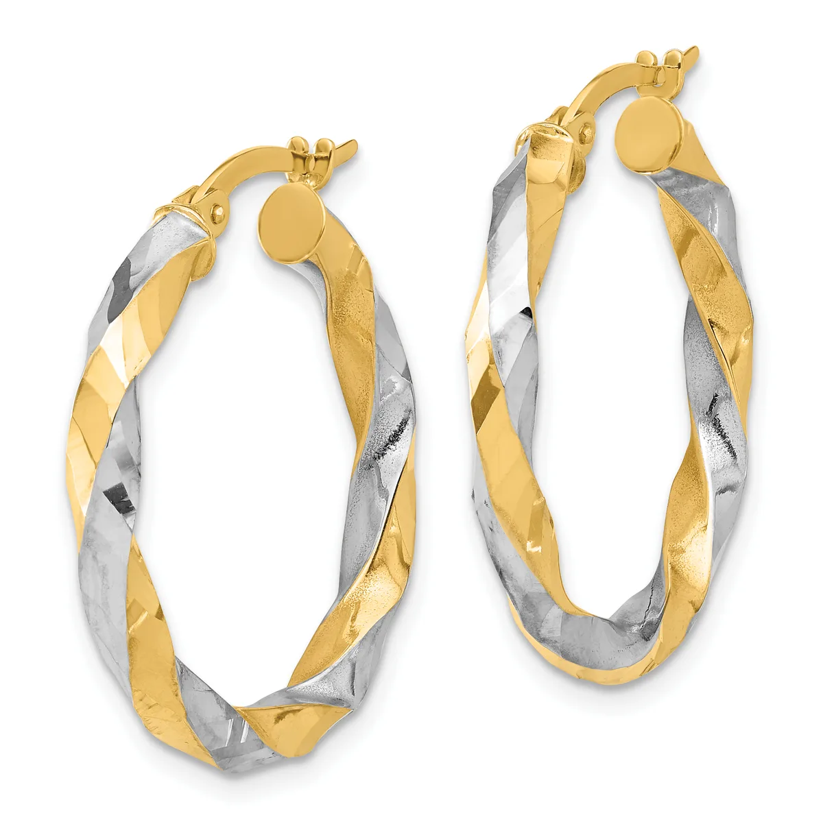 A pair of two-tone gold hoop earrings with a twisted spiral pattern, shown from the front against a white background.