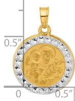 Two-tone gold pendant with a gold coin center featuring a cherub design, surrounded by a silver textured bezel, shown next to a measurement ruler indicating approximately half inch dimensions.