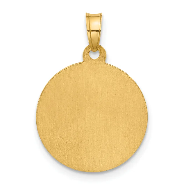 A polished gold circular pendant with a brushed matte finish, attached to a rectangular bail loop at the top.