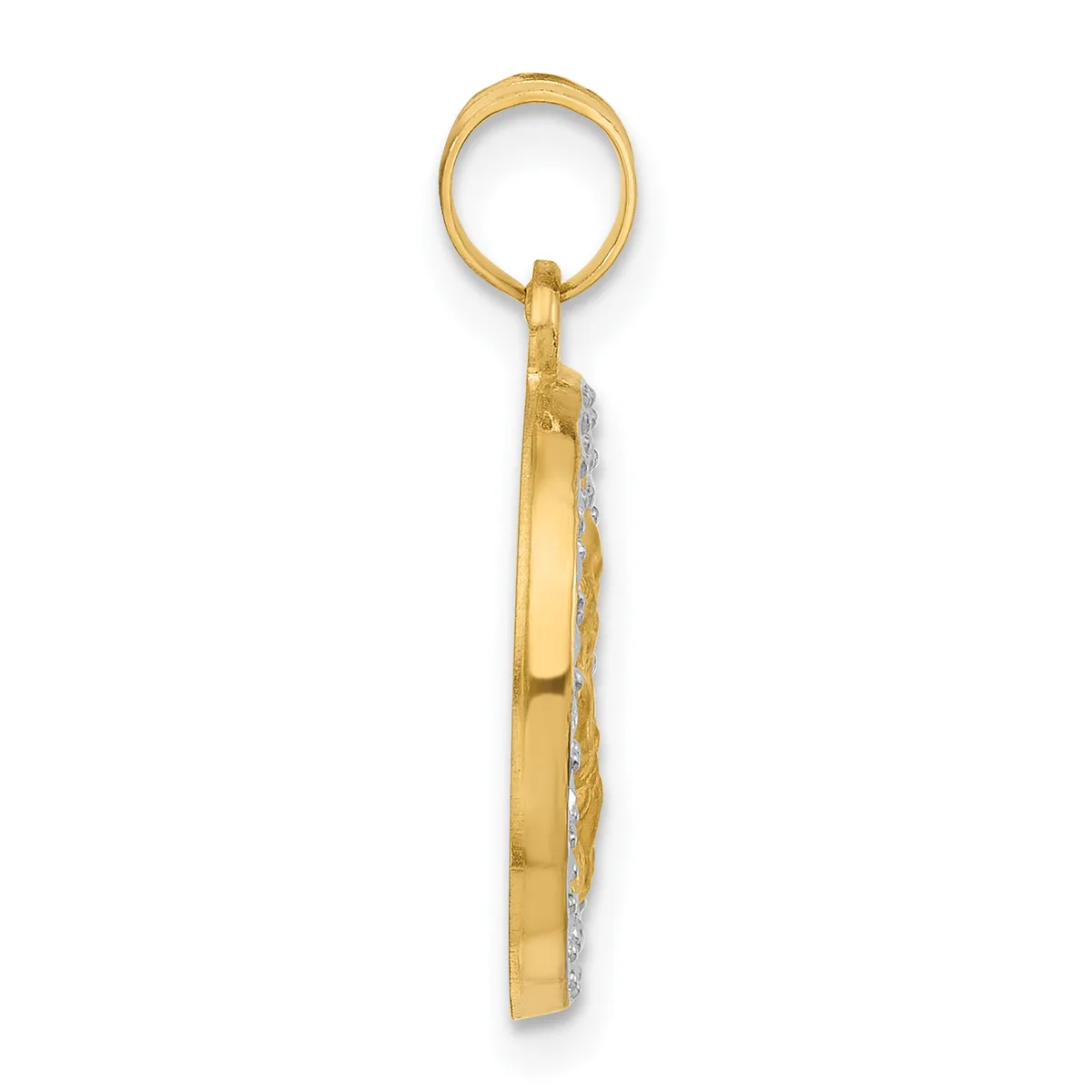 Gold pendant with oval loop at top and rectangular body decorated with diamond accents, shown suspended against white background.