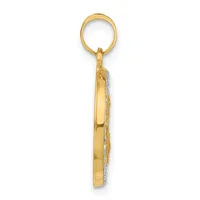 Gold pendant with oval loop at top and rectangular body decorated with diamond accents, shown suspended against white background.