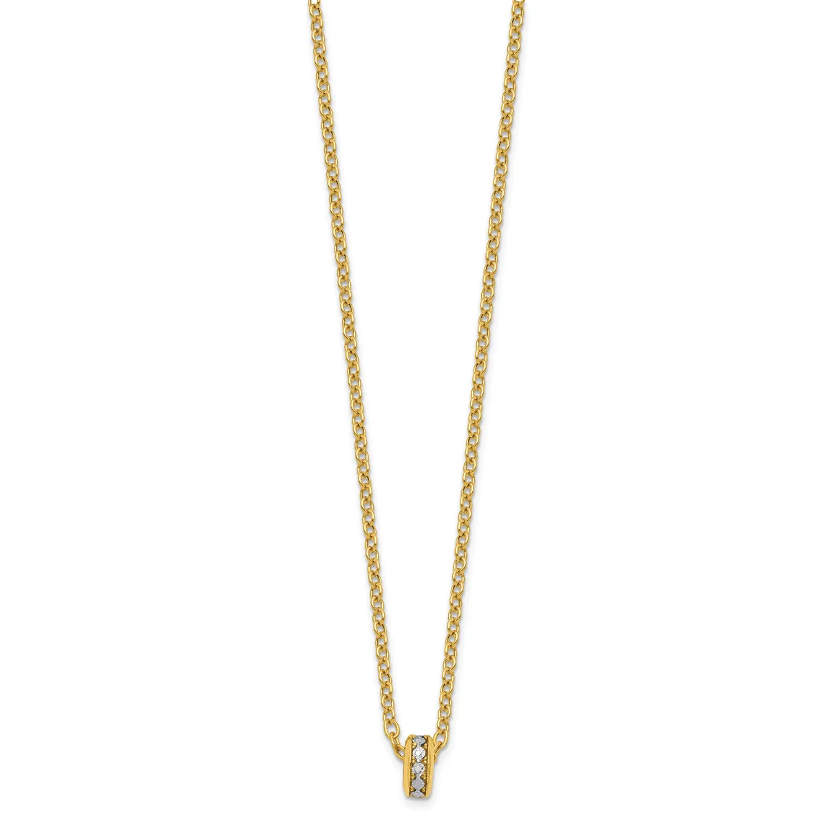 Gold chain necklace with a small rectangular pendant featuring a small diamond or gemstone at the center.