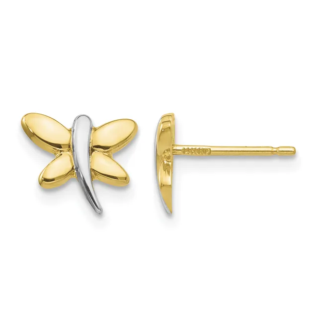 A pair of gold dragonfly stud earrings with two-tone coloring, shown from front and side views against a white background.