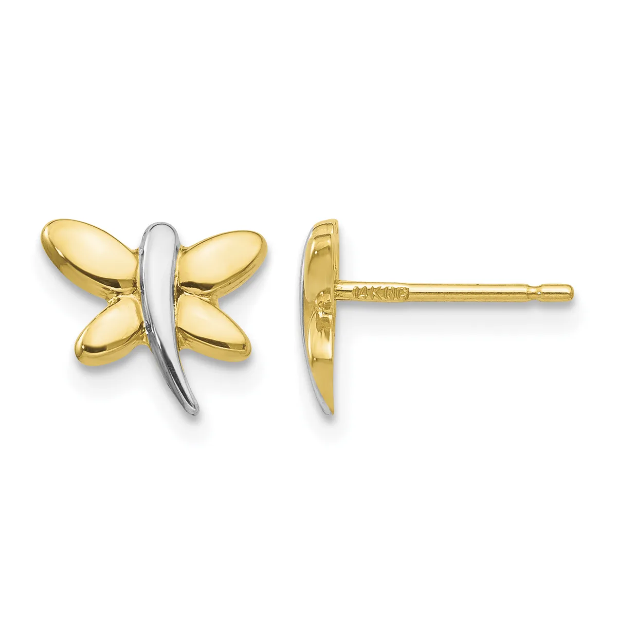 A pair of gold dragonfly stud earrings with two-tone coloring, shown from front and side views against a white background.