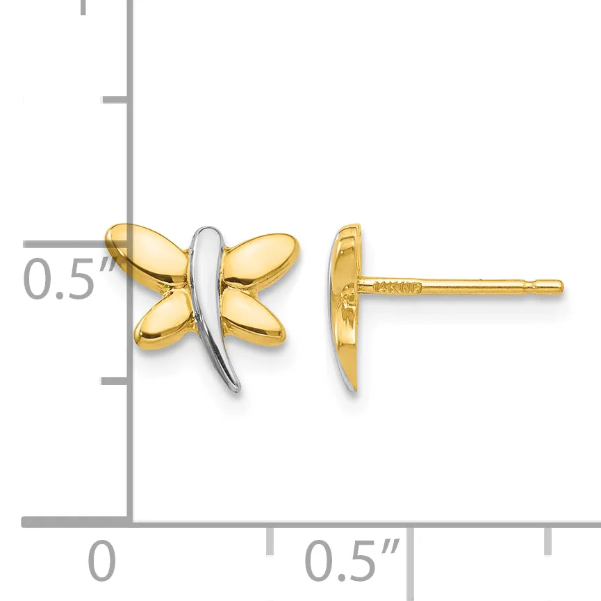 Two-tone gold dragonfly stud earrings with yellow gold wings and white gold body, shown front and side view with measurement scale indicating approximately 0.5 inch size.