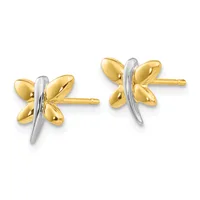 Pair of gold and silver dragonfly stud earrings with polished petals and curved stems, shown from the front.