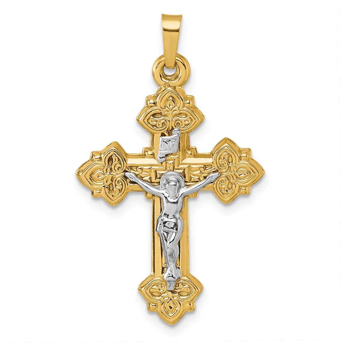Two-tone gold crucifix pendant with ornate floral design at each of the four ends and a silver-colored corpus of Christ in the center.