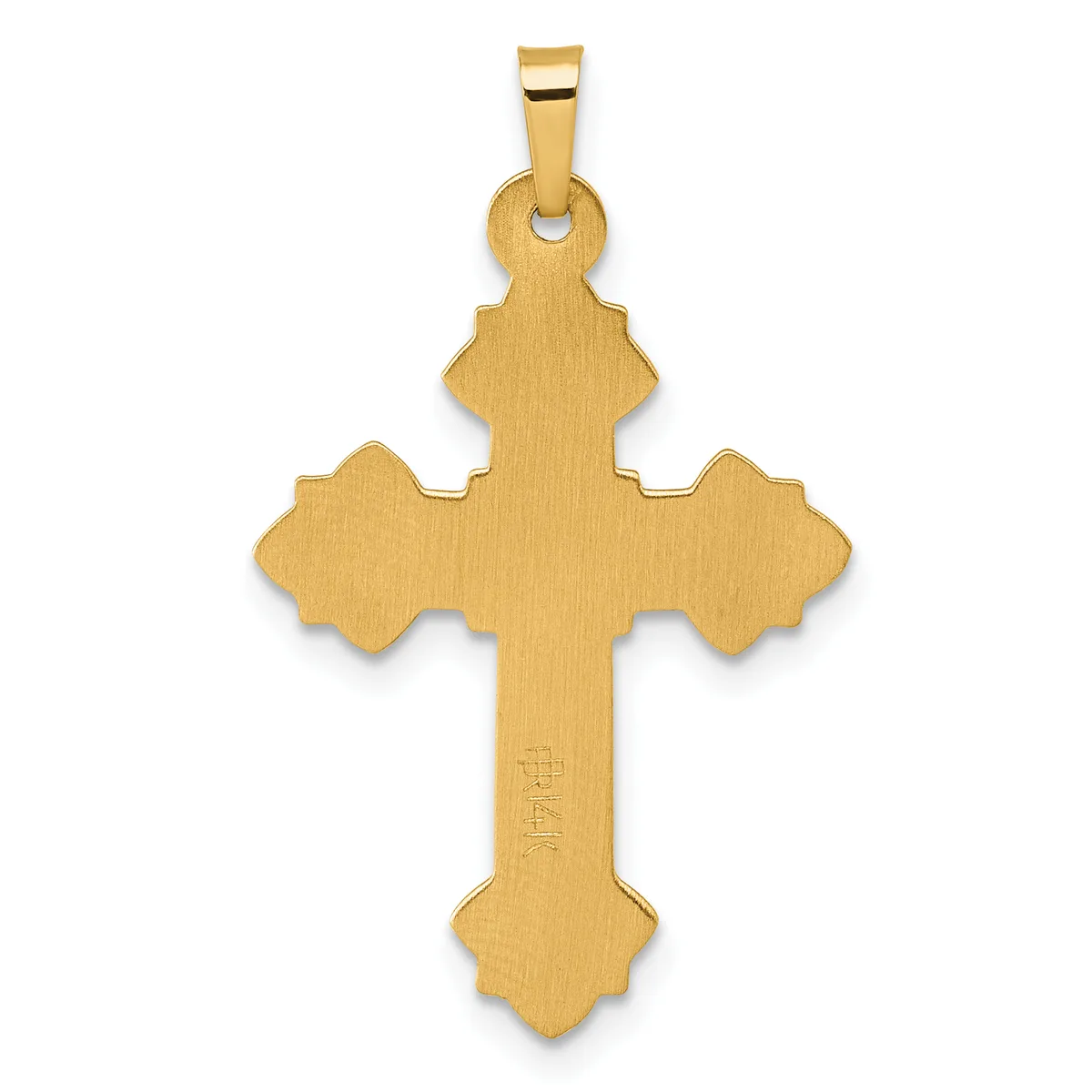 A gold cross pendant with ornate quatrefoil ends and a small stamped hallmark on the shaft, shown against a white background.
