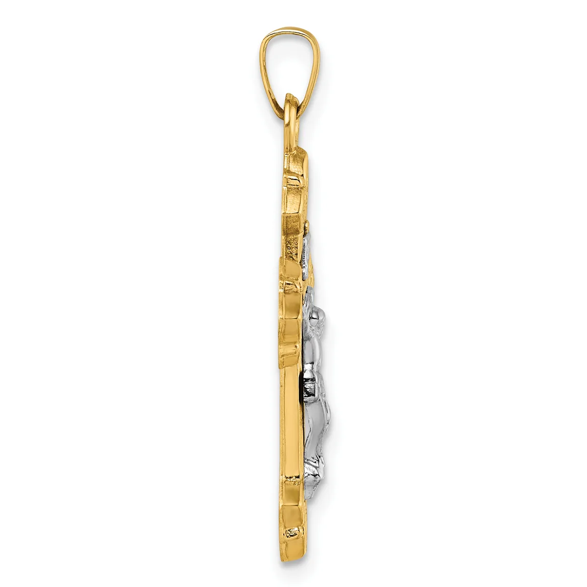 A gold chain pendant with a small silver charm attached, displayed vertically against a white background.