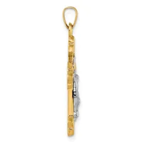 A gold chain pendant with a small silver charm attached, displayed vertically against a white background.