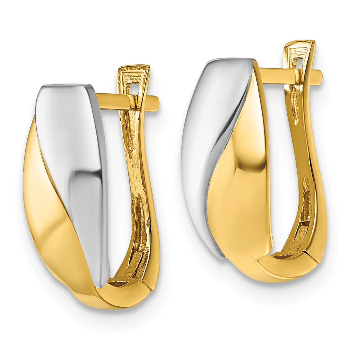 A pair of two-tone gold hoop earrings with polished white gold curved tops and brushed yellow gold bottoms, shown from the front and back.