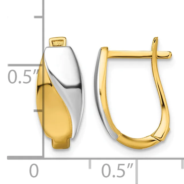 Two-tone gold and silver curved hoop earrings with posts and backs, shown at actual size with measurement scale indicating approximately half-inch length.