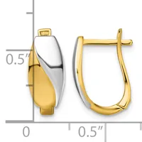 Two-tone gold and silver curved hoop earrings with posts and backs, shown at actual size with measurement scale indicating approximately half-inch length.
