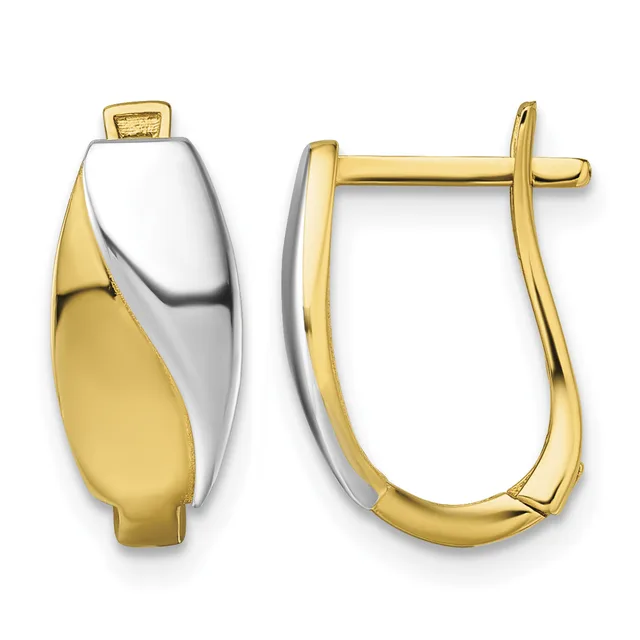 A pair of two-tone gold hoop earrings with white enamel inlay on the outer curved surface and polished yellow gold on the inner curved surface, shown from front and side views.