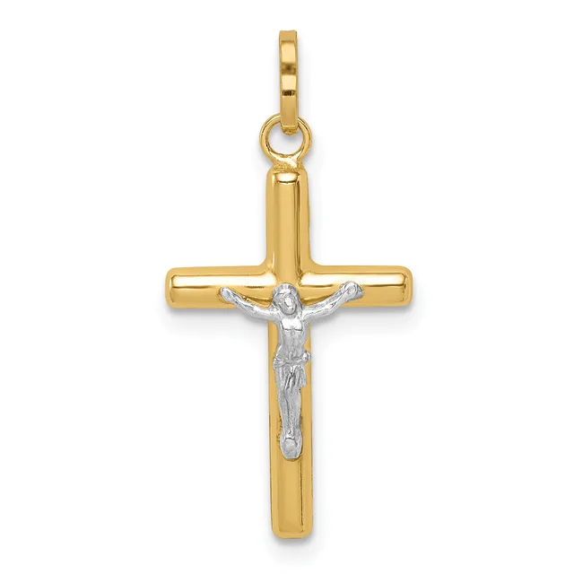 Gold crucifix pendant with a polished gold cross and a silver-toned corpus figure, suspended from a small gold bail.