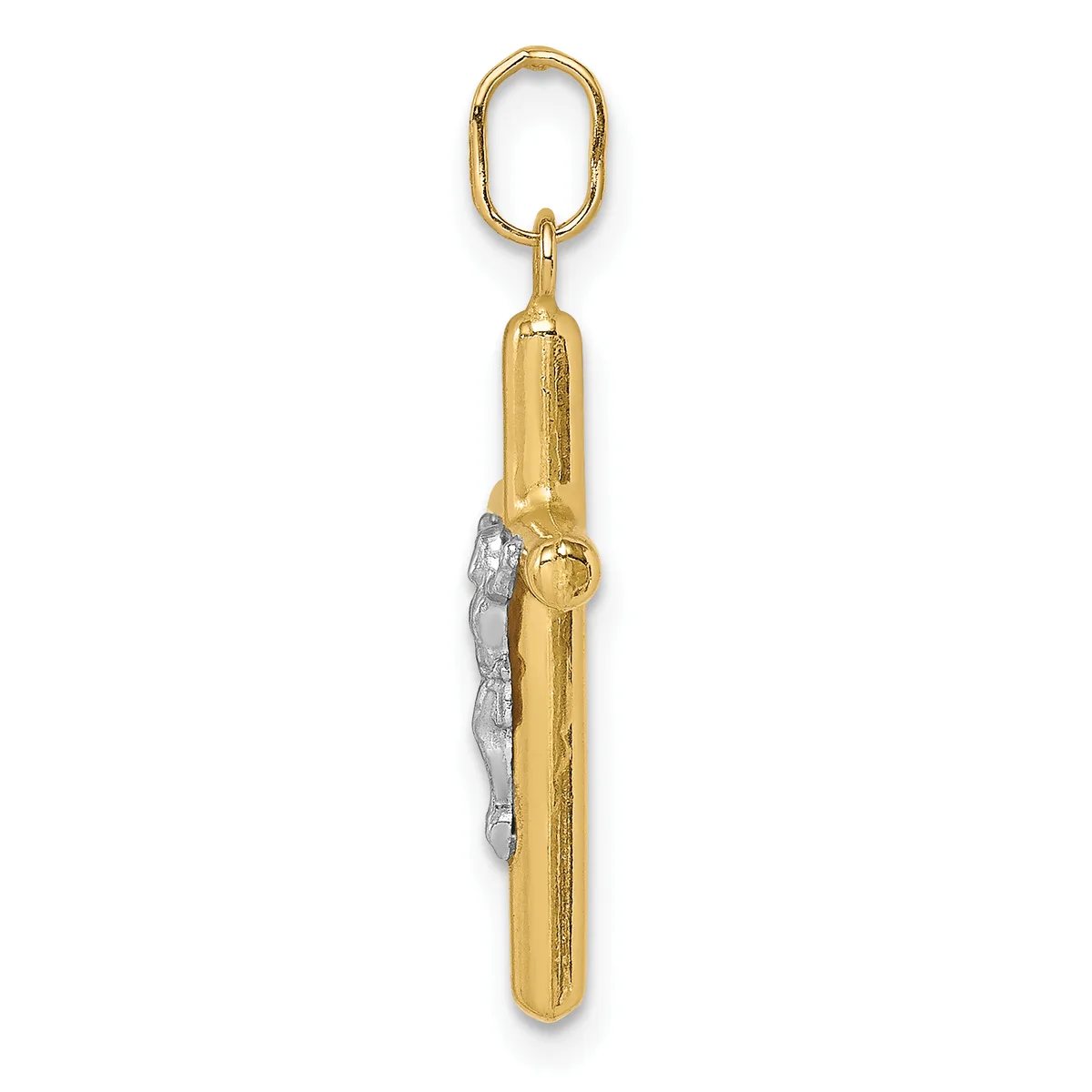 A gold pendant charm with an oval loop attachment at the top, featuring a textured white metal accent on one side of the elongated cylindrical body.