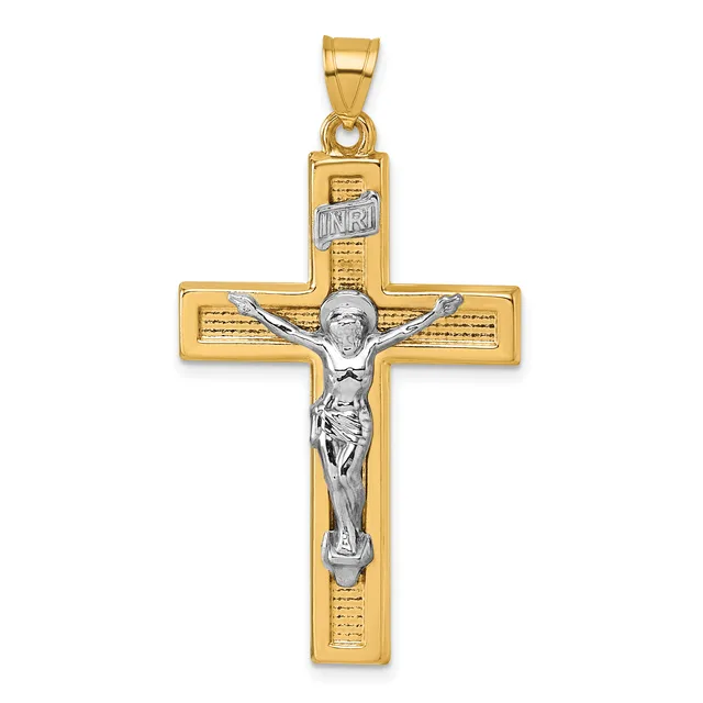 A two-tone gold crucifix pendant with a polished yellow gold cross and a white gold corpus figure, featuring textured detailing on the cross arms and a small hallmark.