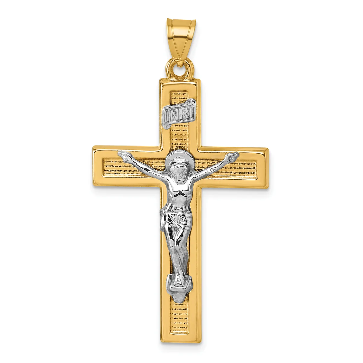 A two-tone gold crucifix pendant with a polished yellow gold cross and a white gold corpus figure, featuring textured detailing on the cross arms and a small hallmark.