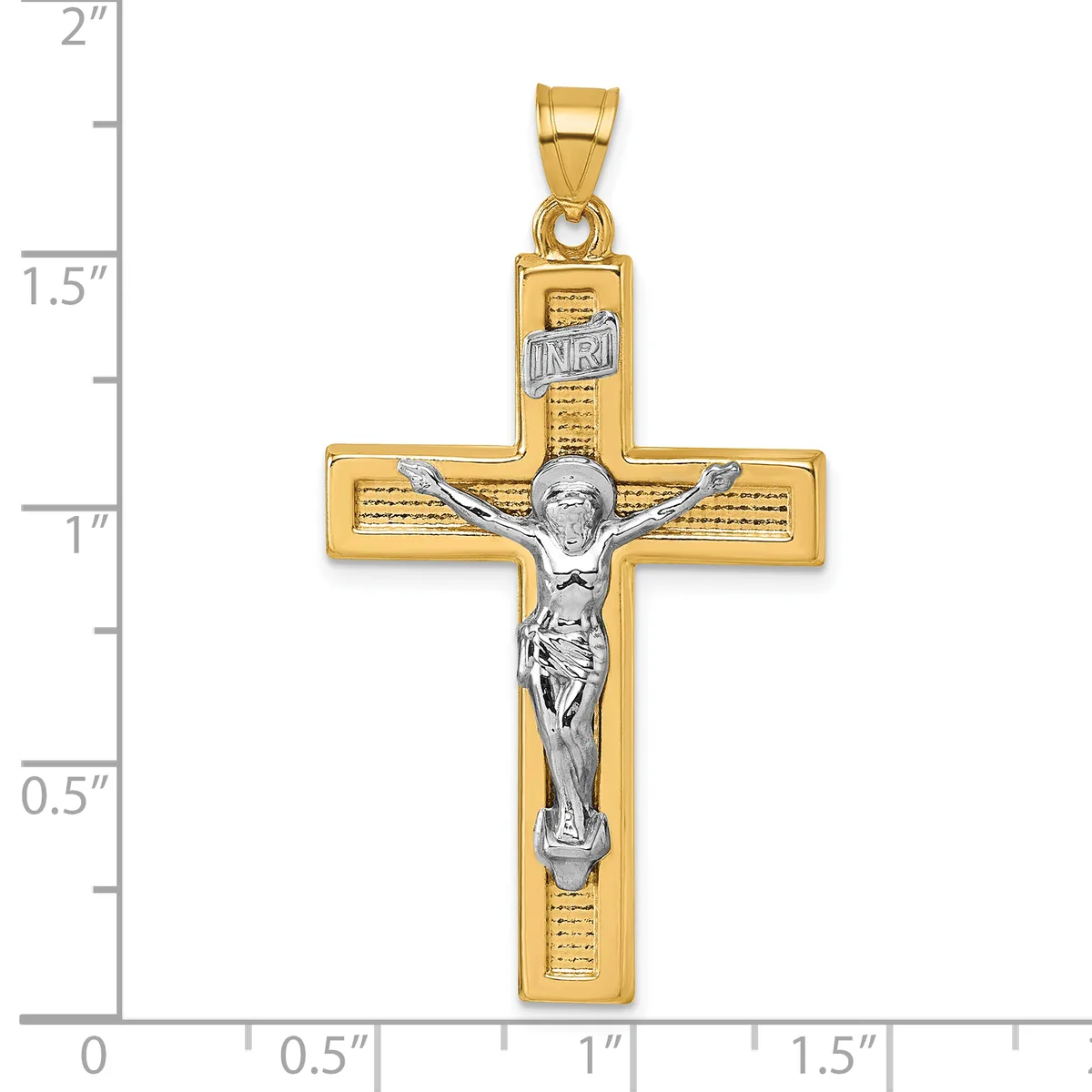 Two-tone gold crucifix pendant with textured gold cross and silver-toned corpus, shown against a ruler measuring approximately 1.9 inches tall.