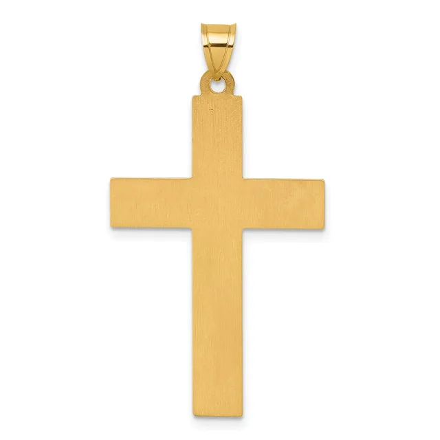 A polished gold cross pendant with a brushed finish and a small loop bail at the top.