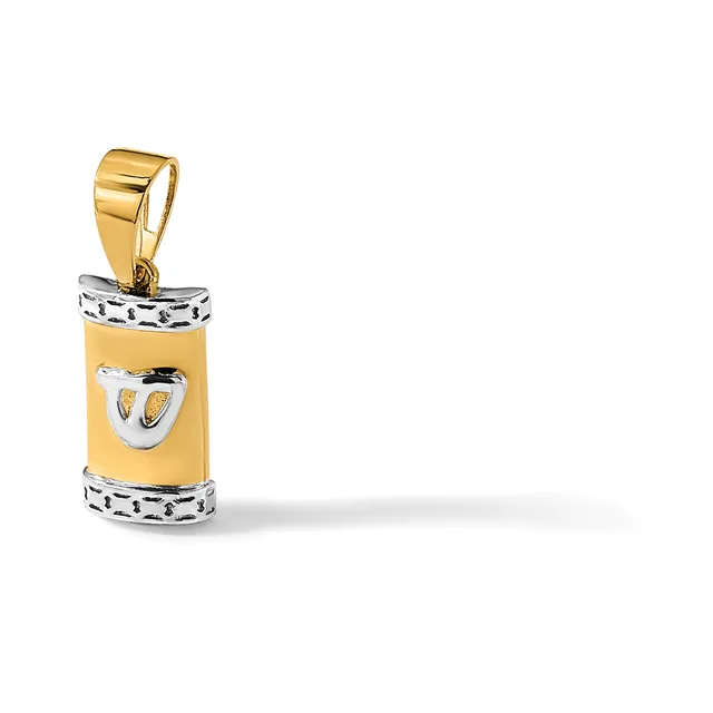 A gold and silver two-tone pendant charm depicting a small cylindrical container with a laughing face, suspended from a gold bail.