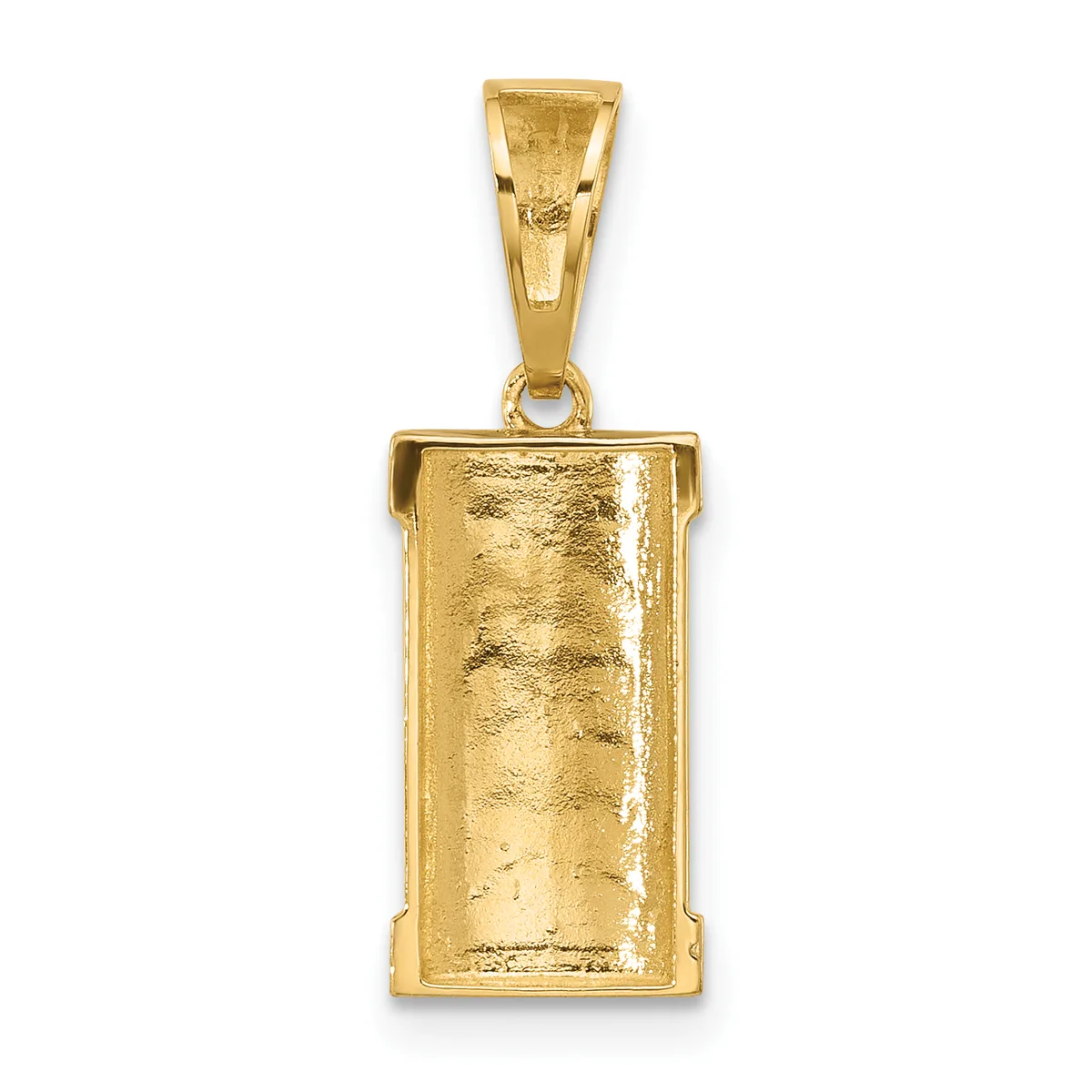 A rectangular gold pendant with a textured surface and a small hallmark, suspended from a tapered gold bail.