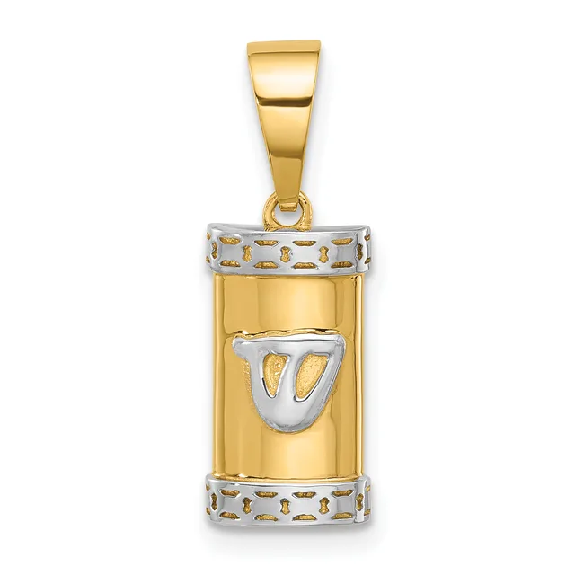 A two-tone gold pendant featuring a cylindrical yellow gold barrel with white gold accents at the top and bottom, and a white gold shield-shaped initial in the center.
