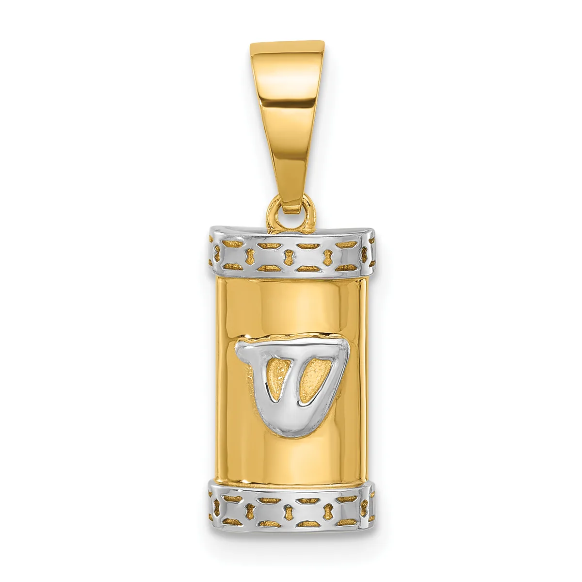 A two-tone gold pendant featuring a cylindrical yellow gold barrel with white gold accents at the top and bottom, and a white gold shield-shaped initial in the center.