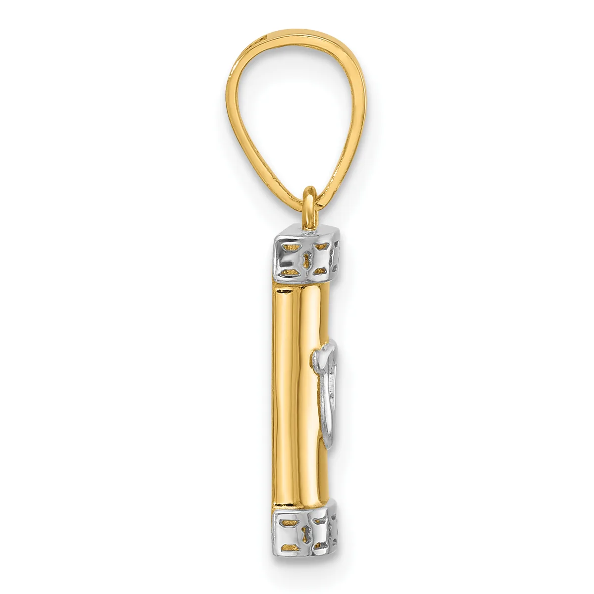 A two-tone gold and silver pendant charm featuring cylindrical gold tubes suspended between two decorative square silver caps, attached to a gold loop bail.