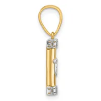 A two-tone gold and silver pendant charm featuring cylindrical gold tubes suspended between two decorative square silver caps, attached to a gold loop bail.