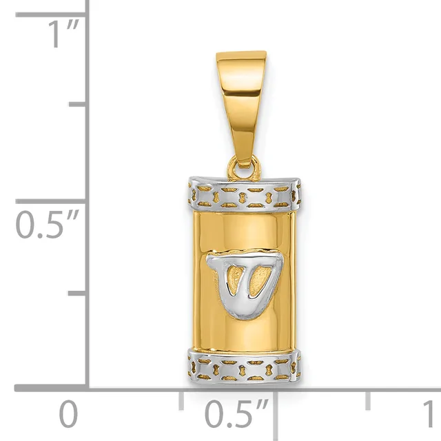 Two-tone gold pendant featuring a polished yellow gold cylindrical body with white gold accents at top and bottom, centered with a white gold initial V, displayed next to a ruler showing approximately one inch in length.