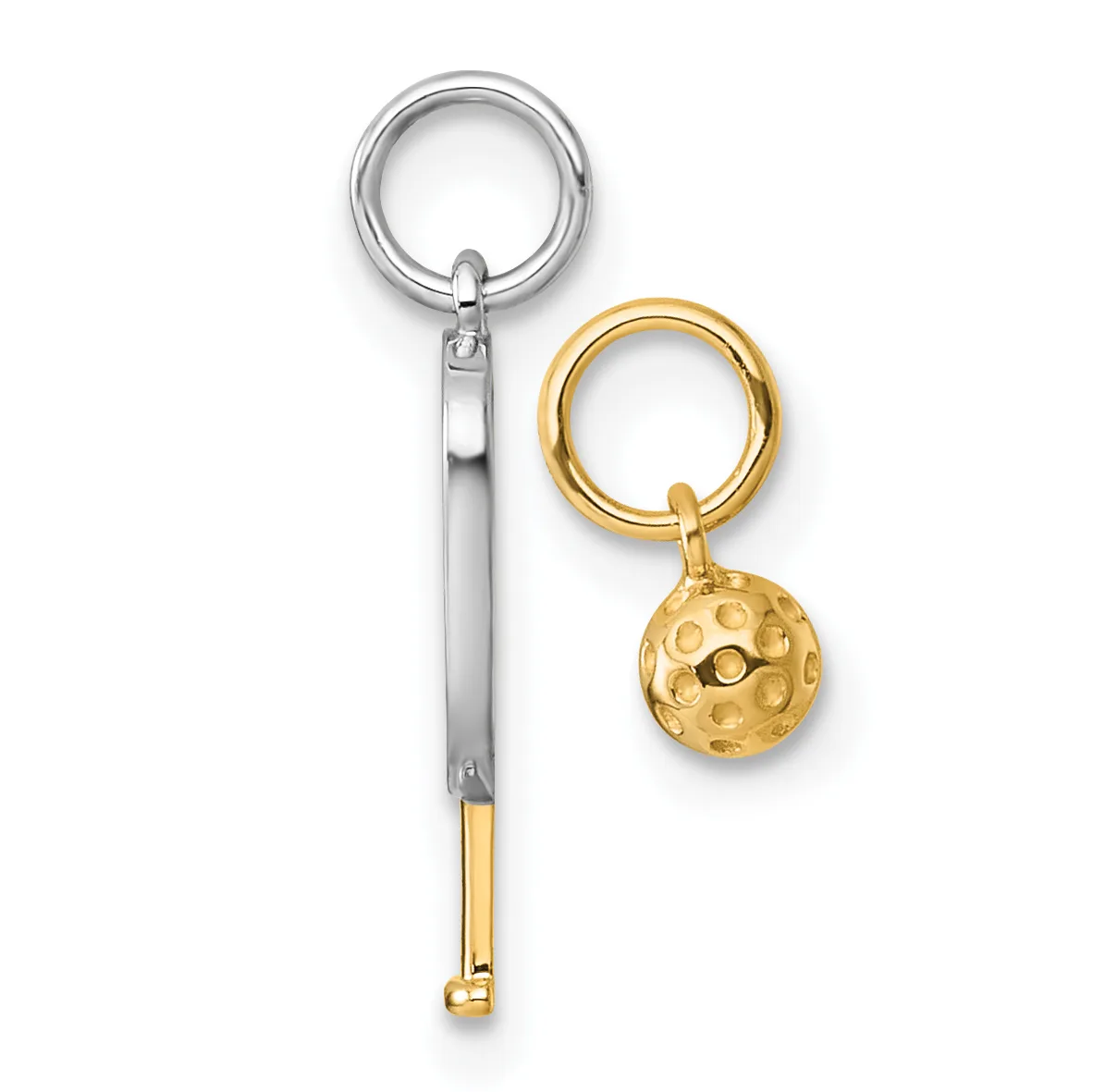 Two metal keychains displayed side by side: a silver-toned one with a rectangular pendant, and a gold-toned one with a textured spherical charm.