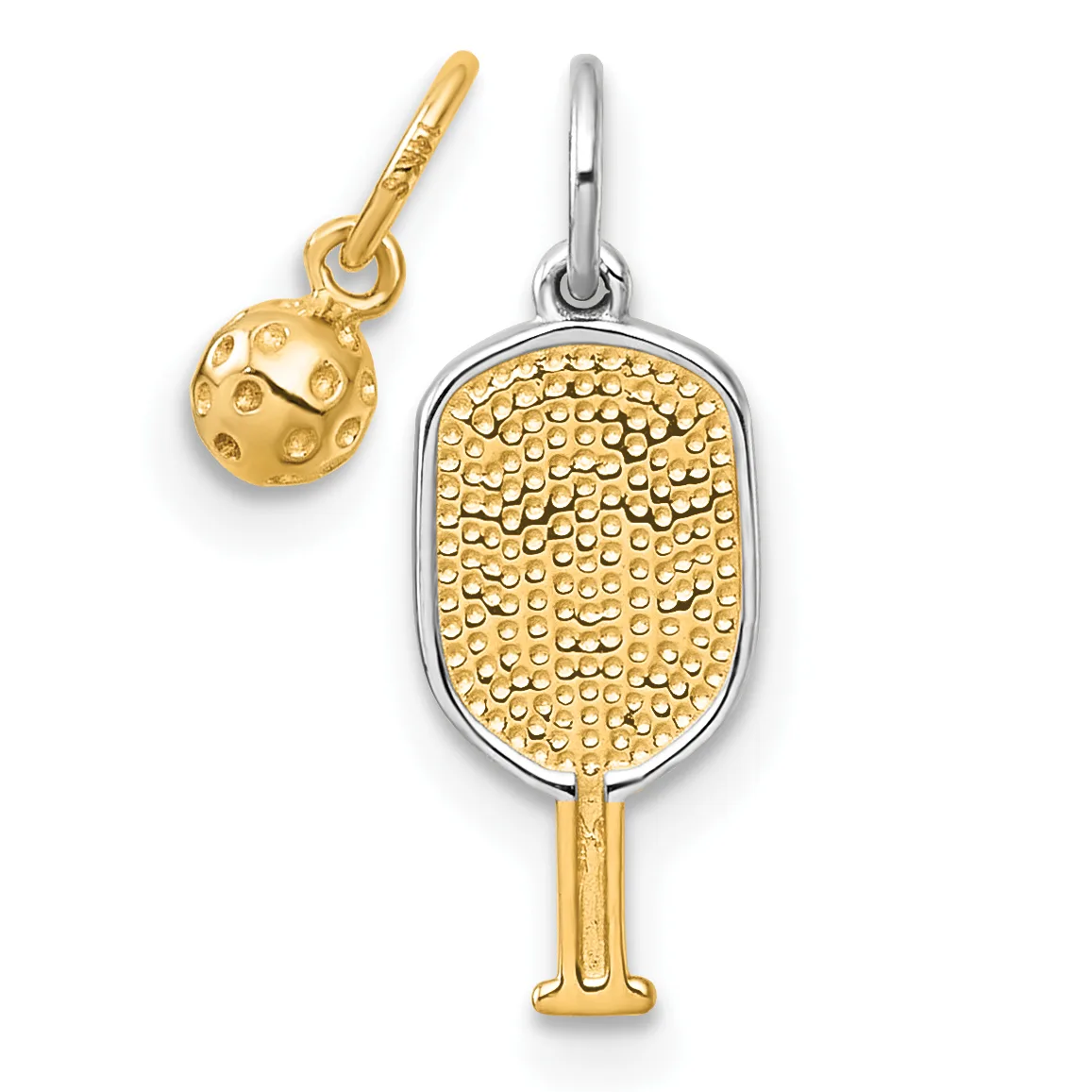 Two gold and silver tennis-themed pendants: a small textured ball charm and a larger paddle charm with a textured face and smooth handle.