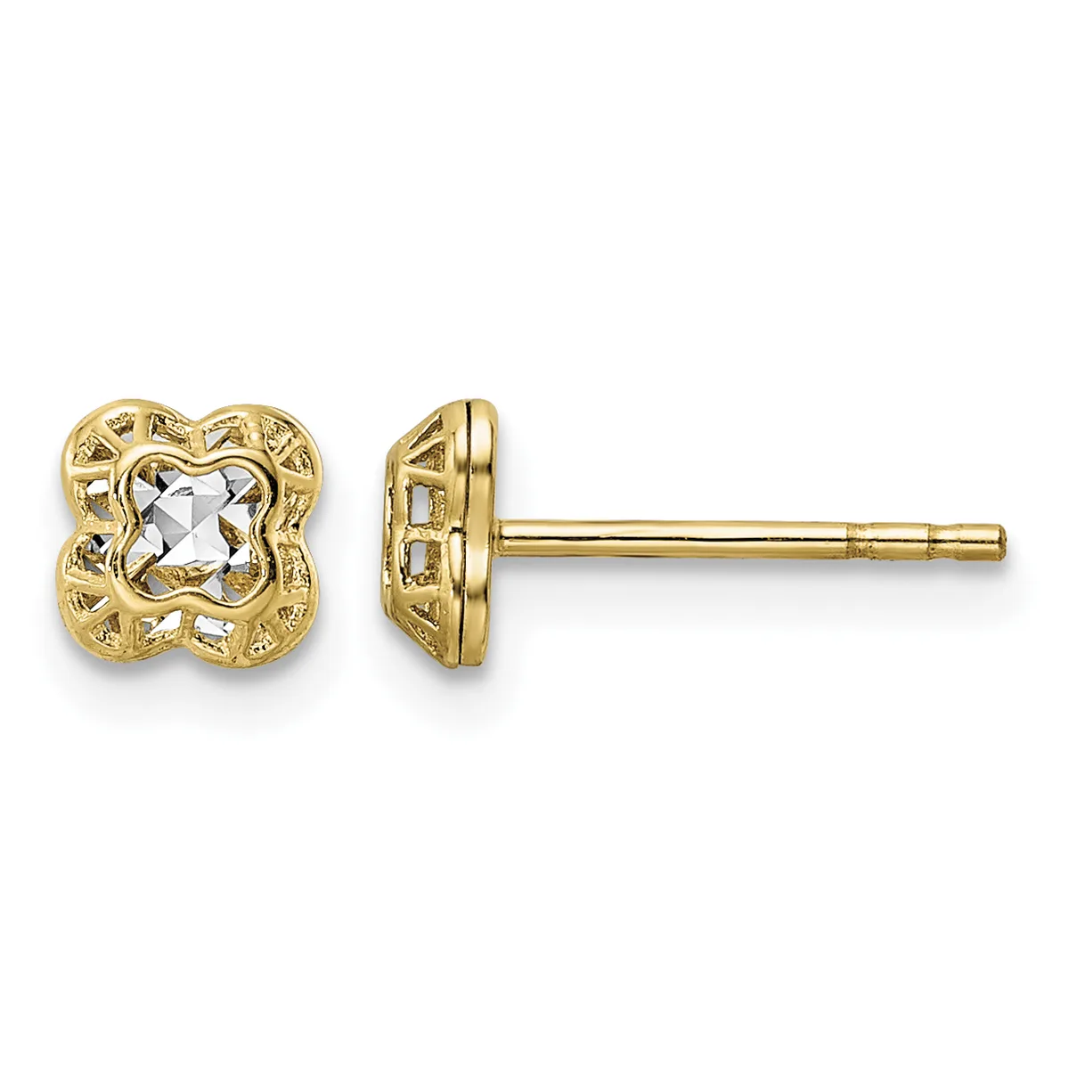 Pair of gold stud earrings with ornate square frames surrounding clear gemstones, shown from front and side views.
