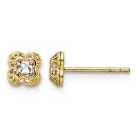 Pair of gold stud earrings with ornate square frames surrounding clear gemstones, shown from front and side views.